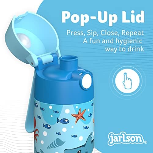 Детска бутилка за вода JARLSON® - една бутилка за вода от неръждаема стомана с изолация MALI и капак - термос за момичета / момчета (Shark 'Star', 12 унции)