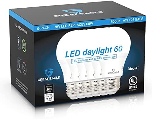 Led лампа Great Eagle Lighting Corporation A19, което е равно на 60 W, Дневна светлина 9 W 5000 До, led лампа без регулиране на яркостта Стандартна основа E26, енергийно ефективен, депозирани в