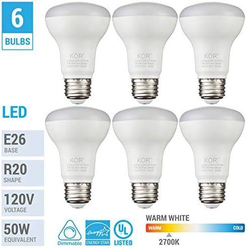 (6 опаковки) Led отразяваща лампа KOR 7W R20 (еквивалент на 50 W), с регулируема яркост, 550 Лумена, UL & Energy Star, стандарт основа