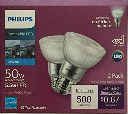 Led лампа за вътрешно осветление на Philips с регулируема яркост PAR20 на 40 градуса, 500 Лумена, 5000 Кельвинов, 5,5 W (еквивалент на 50 W), Цокъл E26, Дневна светлина, 2 бр. в опаковка