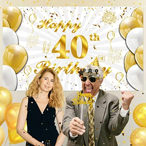 QIRCV 40th Birthday Party Background - Бял Златен Фон с 40-ти Рожден Ден на Банер за Фотобудки на 40-та Годишнина За Мъже И Жени, Украса