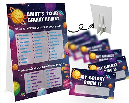 Играта с името Името на вашата галактика (1 тематичен знак на Галактика и 30 стикери с имена), за Украса на парти в стил Галактика, една