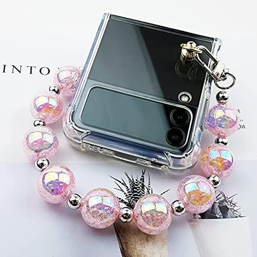 Qoosan Bling Beads Каишка на Китката, Прозрачен Калъф за Samsung Galaxy Z Flip Case 3 5G (2021) за Жени, розово с лед