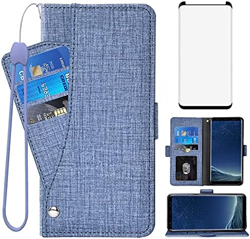 Asuwish е Съвместим с Samsung Galaxy S8 Плюс Чанта-портфейл от закалено Стъкло, Защитно фолио за екран и флип-надолу Капака, Държач за