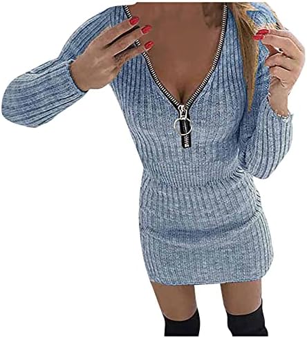 Женствена Рокля-пуловер с V-образно деколте, Вязаное Рокля В стил Хип с Дълъг ръкав с цип, Рокля-Макси пуловер с мирис на Хип