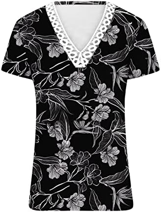 2023 Къс Ръкав Дълбоко V Образно Деколте Цвете Графична Ежедневна Блуза, Тениска за Жени Лято Есен Лейси в памучна Блуза H6 H6