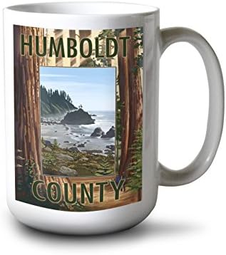 Фенер Press Окръг Хумболт, Калифорния, Секвои, Плажна вмъкване (Черна керамична чаша за кафе и чай по 15 унции, може да се мие в миялна