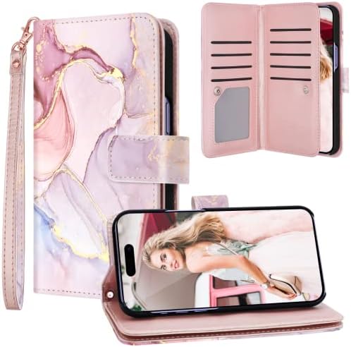 Fingic е Съвместим с калъф-чанта iPhone 14 Pro 5G, държач за карти от розово злато с мрамор 9, Подвижна Каишка за китката от Изкуствена Кожа, Чанта-портфейл за жени и момичета, к