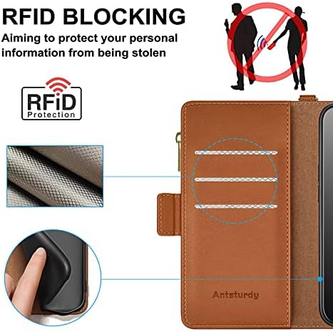 Antsturdy за Samsung Galaxy A03S САЩ Чанта-портфейл 【Заключване RFID】【Джоб с цип】【7 Слотове за карти 】 Защитен калъф-награда от изкуствена