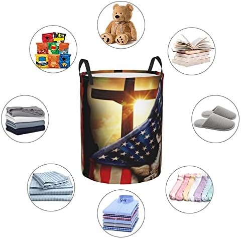 Американски Християнски Кръст, Патриотичен Флаг Кошница За Дрехи Кръгла Кошница За Дрехи, Сгъваема Кошница За Съхранение За Спални Кошница