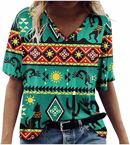 NOKMOPO Ризи с копчета за Жени, Модни и Ежедневни Удобна Блуза с V-Образно деколте и Къс Ръкав и Принтом