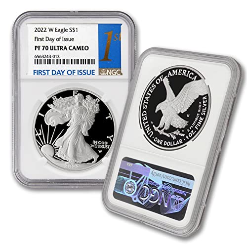2022 г., 1 унция, американски сребърен орел PF-70 Ultra Cameo (PF70UCAM - Първият ден на издаване - Тъмно син етикет), монетен двор на