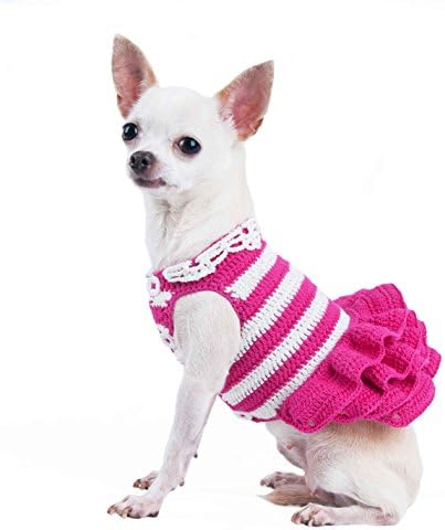 Розово-Бяло Шарени Рокля За Кучета Дрехи за домашни любимци От Памук, Вязаная на една Кука 71F (XS)